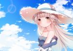  azur_lane bangs bare_shoulders bikini blue_bikini blue_sky blunt_bangs blush breasts brown_eyes chinese_commentary closed_mouth cloud cloudy_sky collarbone commentary_request day eyebrows_visible_through_hair hat jacket light_brown_hair linhe_de_chuangzi long_hair looking_at_viewer looking_to_the_side off_shoulder outdoors sky small_breasts solo straw_hat swimsuit very_long_hair white_hat white_jacket z46_(azur_lane) 