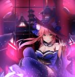  absurdres animal_ear_fluff animal_ears blue_legwear blue_ribbon breasts cleavage detached_sleeves fate/extra fate/grand_order fate_(series) fox_ears fox_tail hair_ribbon highres indoors japanese_clothes large_breasts light_smile looking_at_viewer night pink_hair ribbon solo suisen-21 tail tamamo_(fate)_(all) tamamo_no_mae_(fate) yellow_eyes 