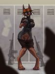  anthro breasts canine clothed clothing doberman dog female gun locker_room mammal nipples pants_down partially_clothed pussy ranged_weapon rifle shirt_up smile solo standing viga weapon wide_hips 