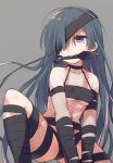  ass black_hair black_panties blurry breasts commentary_request covered_nipples depth_of_field eyepatch fate/grand_order fate_(series) fishnet_gloves fishnet_legwear fishnets gloves hair_over_one_eye kunai legs long_hair mochizuki_chiyome_(fate/grand_order) mouth_hold ninja one_knee panties purple_eyes simple_background small_breasts solo spread_legs squatting stroma thigh_strap thighs underwear v_arms very_long_hair weapon 