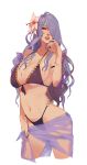  bikini breasts camilla_(fire_emblem_if) fire_emblem fire_emblem_heroes fire_emblem_if flower hair_flower hair_ornament hair_over_one_eye highres large_breasts lips long_hair nail_polish purple_eyes purple_hair sarong simple_background smile solo swimsuit thighs ywrkiart 