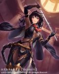  black_gloves black_hair bodystocking breasts cape cleavage column covered_navel cuboon elbow_gloves gloves holding holding_sword holding_weapon indoors lost_crusade medium_breasts official_art pillar red_eyes red_neckwear sheath standing sword watermark weapon 