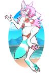  2018 anthro beach big_ears bikini blue_tongue breasts canine claws clothed clothing digitigrade eyelashes female fingerpads fur hair hand_behind_head inner_ear_fluff long_hair looking_aside looking_at_viewer mammal multicolored_fur open_mouth open_smile outside pawpads pink_eyes pink_hair pink_nose pink_pawpads rokemi seaside small_breasts smile solo spots spotted_fur standing swimsuit teeth toe_claws tongue under_boob 
