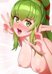  after_fellatio breasts chiki cleavage cum cum_in_mouth double_v eyebrows_visible_through_hair fire_emblem fire_emblem:_kakusei fire_emblem:_monshou_no_nazo fire_emblem_heroes green_eyes green_hair large_breasts looking_at_viewer mamkute neocoill nipples nude open_mouth oral pointy_ears solo v 