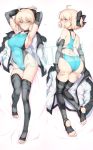  ahoge aqua_swimsuit armpits arms_up ass bare_shoulders bed_sheet black_legwear blonde_hair blush bow breasts choker collarbone competition_swimsuit dakimakura deep_skin fate/grand_order fate_(series) feet grey_eyes groin hair_bow harukon_(halcon) highleg highleg_swimsuit highres jacket jacket_removed large_breasts long_sleeves looking_at_viewer lying multiple_views okita_souji_(fate) okita_souji_(fate)_(all) on_back on_stomach one-piece_swimsuit open_mouth sample short_hair short_ponytail sideboob smile soles stirrup_legwear swimsuit thighhighs toeless_legwear 