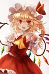  :d ascot beige_background blonde_hair blush claw_pose commentary_request cowboy_shot crystal eyebrows_visible_through_hair fangs flandre_scarlet frilled_shirt_collar frills hair_between_eyes hands_up hat hat_ribbon highres looking_at_viewer maho_moco mob_cap one_side_up open_mouth petticoat puffy_short_sleeves puffy_sleeves red_eyes red_ribbon red_skirt red_vest ribbon short_hair short_sleeves simple_background skirt smile solo touhou vest white_hat wings wrist_cuffs yellow_neckwear 