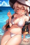  :q arm_support bangs bare_shoulders beach bikini blue_sky blush body_writing breasts brown_hair character_name cleavage closed_mouth cloud collarbone commentary_request covered_nipples day eyebrows_visible_through_hair girls_frontline groin hair_between_eyes hat head_tilt highres index_finger_raised ithaca_m37_(girls_frontline) jacket korean_commentary large_breasts long_hair looking_at_viewer navel ocean open_clothes open_jacket orange_eyes outdoors painteen sand sidelocks sitting sky smile solo stomach sun_hat sweat swimsuit tongue tongue_out very_long_hair water_drop waves white_bikini 