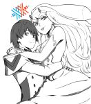  1boy 1girl bangs bare_shoulders breasts bridal_veil cleavage collarbone couple darling_in_the_franxx dress elbow_gloves eyebrows_visible_through_hair gloves greyscale hand_on_another&#039;s_back hand_on_another&#039;s_hip hand_on_another&#039;s_neck hetero hiro_(darling_in_the_franxx) horns hug long_hair long_sleeves looking_at_viewer military military_uniform monochrome oni_horns short_hair tonioki uniform veil wedding_dress zero_two_(darling_in_the_franxx) 