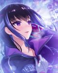  black_hair blush breasts city forcas gloves hand_on_own_chest jewelry medium_breasts multicolored_hair necklace official_art open_mouth phantom_of_the_kill purple_eyes smile two-tone_hair white_gloves 