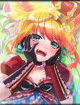  aqua_eyes artist_request black_gloves blonde_hair blush colored_tips crown_hair_ornament double_bun earrings gloves hair_ornament hair_ribbon hair_up hands_on_own_cheeks hands_on_own_face highres jewelry multicolored_hair necklace official_art open_mouth perun phantom_of_the_kill ribbon 