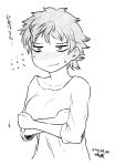  baggy_clothes bags_under_eyes blush breasts covering_nipples crossed_arms dated greyscale jitome large_breasts messy_hair monochrome original shirt short_hair solo sweatdrop t-shirt translation_request tsukudani_(coke-buta) 