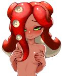  1girl blush breasts collarbone covering_nipples eyeliner green_eyes hair_over_one_eye half-closed_eyes highres looking_at_viewer makeup medium_breasts nude octoling pero_(pero7762) seductive_smile shiny shiny_skin simple_background smile solo splatoon_(series) sweat takozonesu tentacle_hair upper_body white_background 