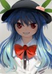  bangs black_hat blue_hair bow food fruit grin hair_between_eyes hat hinanawi_tenshi leaf long_hair looking_at_viewer peach red_bow red_eyes red_neckwear smile solo straight_hair suna_(s73d) teeth touhou 