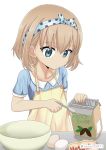  apron bangs blonde_hair blue_eyes blue_hairband blue_shirt box casual commentary_request cooking egg english eyebrows_visible_through_hair girls_und_panzer hairband holding holding_spoon katyusha mixing_bowl polka_dot_hairband shibagami shirt short_hair short_sleeves simple_background solo spoon standing twitter_username white_background yellow_apron 