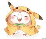  blush closed_eyes commentary_request cosplay hood hoodie kona_(konana2525) pikachu pikachu_(cosplay) pokemon pokemon_(creature) pokemon_(game) pokemon_sm rowlet solo 