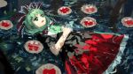  bangs bare_arms dress front_ponytail green_eyes green_hair hair_ribbon hands_together highres kagiyama_hina long_hair open_mouth partially_submerged red_ribbon ribbon solo suna_(s73d) touhou water 