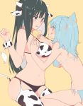  :q animal_ears animal_print bangs bell bell_collar black_hair black_panties blue_bra blue_eyes blue_hair blue_panties bra breast_grab breasts cat_ears clenched_hand collar cow_ears cow_horns cow_print cow_tail garter_belt grabbing hand_up horns large_breasts licking_lips long_hair looking_at_another medium_breasts medium_hair midriff multiple_girls navel open_mouth original panties print_bra side-tie_panties sideboob simple_background smile sou_(tuhut) sweatdrop tail thighhighs tongue tongue_out underwear underwear_only wrist_cuffs yellow_background yuri 