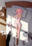  absurdres bed blush bra breasts clothes_removed er_ci_gudu eyewear_removed fate/grand_order fate_(series) from_above glasses hair_over_one_eye highres looking_at_viewer lying mash_kyrielight panties pantyhose pantyhose_removed pink_hair purple_eyes short_hair slippers smile solo underwear window_shade 