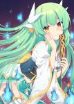  blush breasts commentary_request dragon_girl dragon_horns fan fate/grand_order fate_(series) green_hair hair_ribbon hand_on_own_cheek heart heart-shaped_pupils highres holding holding_fan horns japanese_clothes kiyohime_(fate/grand_order) large_breasts long_hair looking_at_viewer ribbon sash smile solo symbol-shaped_pupils thighhighs toko_yoshi twintails white_legwear yellow_eyes 