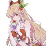  berukoo_(yui4969) blonde_hair box bridal_gauntlets fur_collar gift gift_box granblue_fantasy hair_ornament hair_ribbon highres holding holding_gift holly_hair_ornament long_hair midriff orange_eyes ponytail red_eyes ribbon santa_costume vira_lilie 