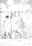  1koma 2girls absurdly_long_hair ahoge animal_ears bangs basket bed_sheet bird cape carrying carrying_clothes child cloud comic commentary_request drying drying_clothes earrings fate/grand_order fate_(series) fujimaru_ritsuka_(female) gloves greyscale hair_ornament hair_scrunchie hairband high_heels highres hoop_earrings jackal_ears jewelry long_hair low-tied_long_hair medjed monochrome multiple_girls nitocris_(fate/grand_order) open_mouth outdoors ozymandias_(fate) red003 sandals scrunchie shirt short_hair short_sleeves sidelocks sky translation_request twitter_username very_long_hair wet wet_clothes wet_shirt younger 