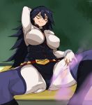  1girl arm_up armpits blue_eyes blue_hair bodysuit boku_no_hero_academia breasts cafekun classroom dominatrix highres large_breasts licking_lips midnight_(boku_no_hero_academia) naughty_face smell solo spread_legs thick_thighs thighhighs thighs tongue tongue_out torn_bodysuit torn_clothes 