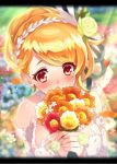  artist_request blonde_hair blush bouquet breasts dress eros_(phantom_of_the_kill) eyebrows_visible_through_hair flower hair_bun hair_flower hair_ornament hairband large_breasts official_art petals phantom_of_the_kill red_eyes strapless strapless_dress wedding_dress 