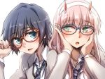  1girl androgynous black_hair blue_eyes blush commentary couple darling_in_the_franxx eyebrows_visible_through_hair glasses green_eyes grey_jacket hair_ornament hairband hand_on_eyewear hands_on_own_face herozu_(xxhrd) hiro_(darling_in_the_franxx) horns jacket long_hair long_sleeves oni_horns open_clothes open_jacket pink_hair red_horns striped striped_neckwear white_hairband zero_two_(darling_in_the_franxx) 