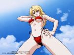  1girl 90s arm_up bikini blonde_hair blue_eyes breasts copyright_name covered_nipples dated day hand_on_hip lipstick long_hair maharaja_(megami_paradise) makeup megami_paradise navel official_art red_bikini red_lipstick side-tie_bikini sky solo swimsuit 