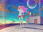  blush chain-link_fence cloud crescent_moon fence highres ladder moon original pink_hair red_eyes skirt sky smile solo wind yelansu 