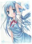  alternate_hair_length alternate_hairstyle arm_up blue_hair cirno highres long_hair millipen_(medium) mizuki_riyu short_sleeves solo touhou traditional_media watercolor_pencil_(medium) 