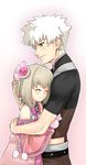  1girl aoto_(ar_tonelico) ar_tonelico ar_tonelico_iii blonde_hair blue_eyes braid closed_eyes couple hair_ornament hand_on_another's_head hetero hug kamoto_tatsuya saki_(ar_tonelico) short_hair smile twin_braids white_hair 