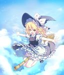  between_legs blonde_hair bloomers bow braid broom broom_riding enone flying frills gathers hair_bow hat highres kirisame_marisa long_hair open_mouth outstretched_arms side_braid smile solo spread_arms touhou underwear witch_hat yellow_eyes 