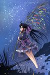  black_hair blush branch brown_eyes dutch_angle from_behind grass holding katahira_masashi lolita_fashion looking_up night night_sky original outdoors pond sky solo standing star star_(sky) starry_sky tanabata tanzaku wa_lolita wading water 