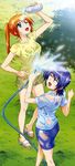  absurdres ass blue_hair bottle breasts cleavage grass green_bikini_bottom hashimoto_takayoshi highres legs lyrical_nanoha mahou_shoujo_lyrical_nanoha_strikers medium_breasts multiple_girls nyantype orange_hair ponytail pouring sandals see-through short_hair subaru_nakajima teana_lanster water_bottle wet wet_clothes white_bikini_bottom white_bikini_top 