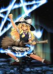  album_cover bamboo_broom blonde_hair braid broom cover daizu_sanchi hat kirisame_marisa parody pentagram solo touhou unconventional_guitar witch_hat yellow_eyes yngwie_malmsteen 