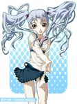  blue_hair copyright_name gotou_keiji hoshino_ruri kidou_senkan_nadesico light_blue_hair long_hair long_sleeves looking_at_viewer official_art pleated_skirt skirt solo twintails wind wind_lift 