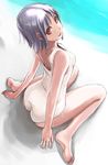  ass back bad_id bad_pixiv_id bare_shoulders barefoot beach black_hair day face feet legs looking_back looking_up one-piece_swimsuit original purple_hair red_eyes school_swimsuit short_hair sitting solo swimsuit tea_(nakenashi) wariza wet white_school_swimsuit white_swimsuit 