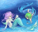  arm_support artist_name circlet copyright_request fins green_hair long_hair lying mermaid momopanda monster_girl multiple_girls no_nipples nude ocean oekaki on_side partially_submerged pearl pink_hair pointy_ears scales short_hair sitting smile tattoo turtle water 