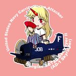  a-1_skyraider aircraft airplane blonde_hair blush_stickers bomber chibi cuffs cup horn hoshiguma_yuugi long_hair military military_vehicle red_eyes sakazuki sakurato_tsuguhi sitting solo toilet touhou world_war_ii 