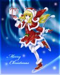  animal_ears aurora bell blonde_hair blue_eyes cat_ears cat_tail christmas eichikei_(hakuto) gift gloves hat holding holding_gift ice_skates long_hair original pantyhose santa_costume santa_hat skates solo tail white_legwear 