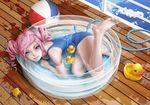  ball barefoot beachball blue_eyes drill_hair feet full_body grin highres looking_at_viewer one-piece_swimsuit original pi_(pppppchang) pink_hair rubber_duck school_swimsuit short_hair smile soles solo swimsuit teeth toes twin_drills twintails wading_pool water wooden_floor 