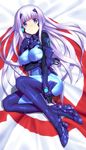  artist_request blue_eyes bodysuit breast_hold breasts flag from_above inia_sestina long_hair lying muvluv muvluv_alternative muvluv_total_eclipse on_side pilot_suit purple_hair shiny shiny_clothes solo very_long_hair 