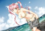  :o bare_shoulders bikini blush breasts cleavage cloud collarbone day dutch_angle frilled_bikini frills green_eyes halterneck highres horizon large_breasts leaning_forward long_hair looking_at_viewer midriff navel ocean original pink_hair pulled_by_self sakita shorts shorts_pull sky solo stomach swimsuit twintails undressing 