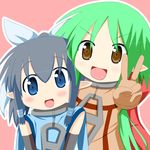  colorized green_hair kori_(trouble_spirit) minami_(colorful_palette) minigirl multiple_girls original ribbon simple_background tiko_(trouble_spirit) v 