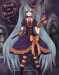  aqua_eyes aqua_hair bad_id bad_pixiv_id boots bow bowtie cane dress food_themed_hair_ornament frills gloves hair_ornament halloween hat hatsune_miku knee_boots long_hair orange_legwear pantyhose pumpkin_hair_ornament purple_legwear sato_ame smile solo striped striped_legwear top_hat trick_or_treat twintails very_long_hair vocaloid 