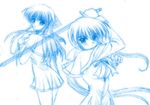  blue kanon kawasumi_mai kurata_sayuri lineart long_hair monochrome multiple_girls nori_(nori_teatime) school_uniform simple_background sketch sword weapon white_background 