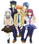  3boys angel_beats! bad_id bad_pixiv_id blazer blue_hair bronne closed_eyes green_hair hairband hat hinata_(angel_beats!) jacket long_hair multiple_boys multiple_girls naoi_ayato orange_hair otonashi_(angel_beats!) purple_hair school_uniform serafuku short_hair smile tenshi_(angel_beats!) thighhighs yellow_eyes yuri_(angel_beats!) 