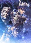  akio_(artist) armor blue blue_hair breasts clenched_hand cowboy_shot electricity expressionless floating_hair foreshortening hair_between_eyes headpiece large_breasts long_hair looking_at_viewer original serious solo very_long_hair 
