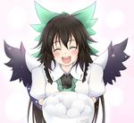  :d bad_id bad_pixiv_id bow brown_hair cape egg green_bow hair_bow happy long_hair makino_(ukiuo) open_mouth reiuji_utsuho smile solo touhou wings 